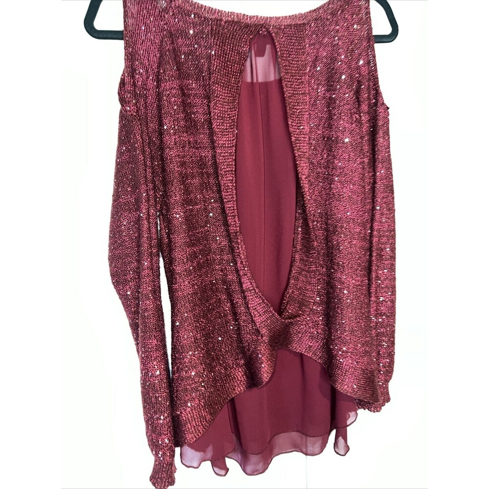 Jessica Simpson Burgundy Sparkle Lined Knit Sweater Tearose Layered Cutout XL - Picture 10 of 13